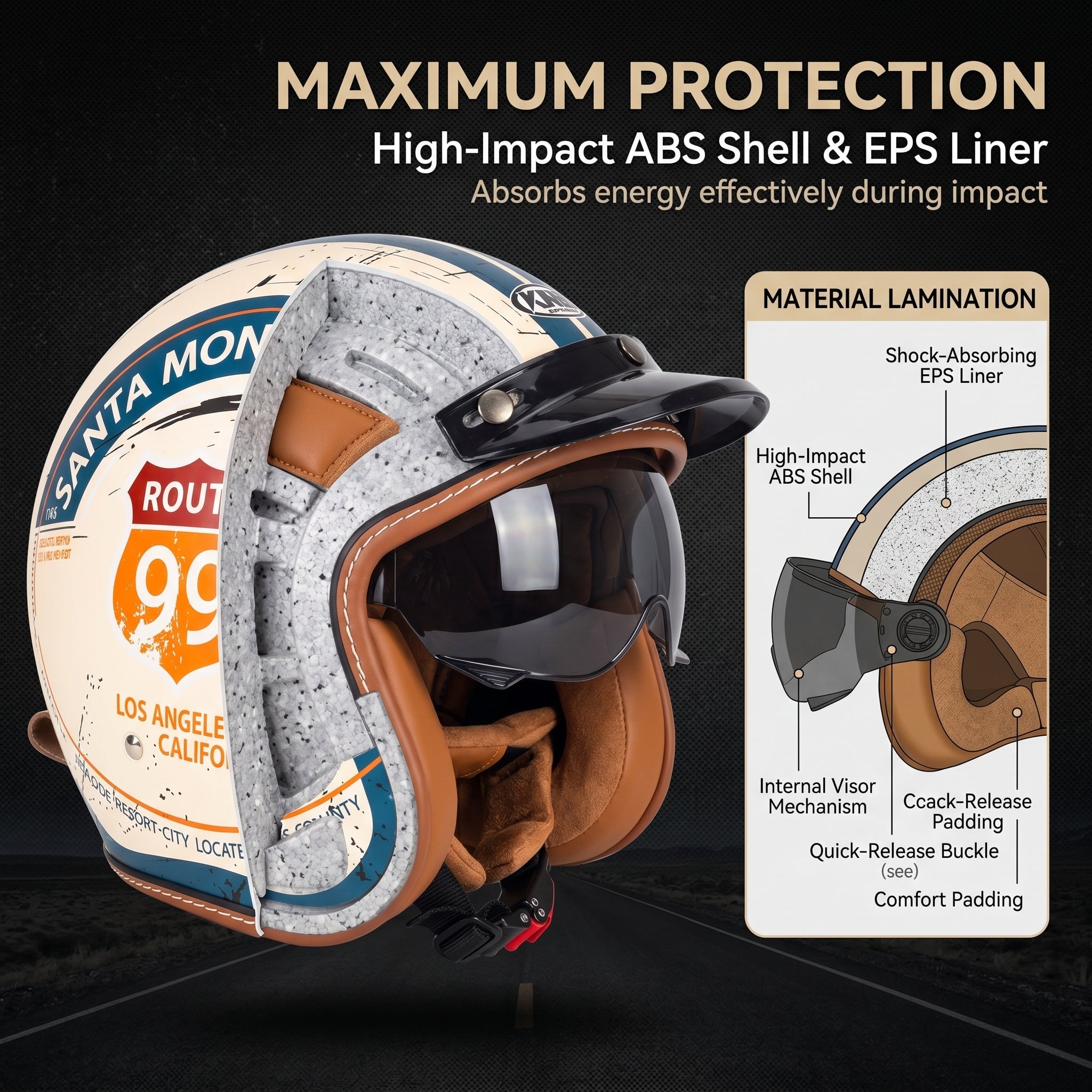 Retro Route 99 Open Face Motorcycle Helmet DOT Approved-I09