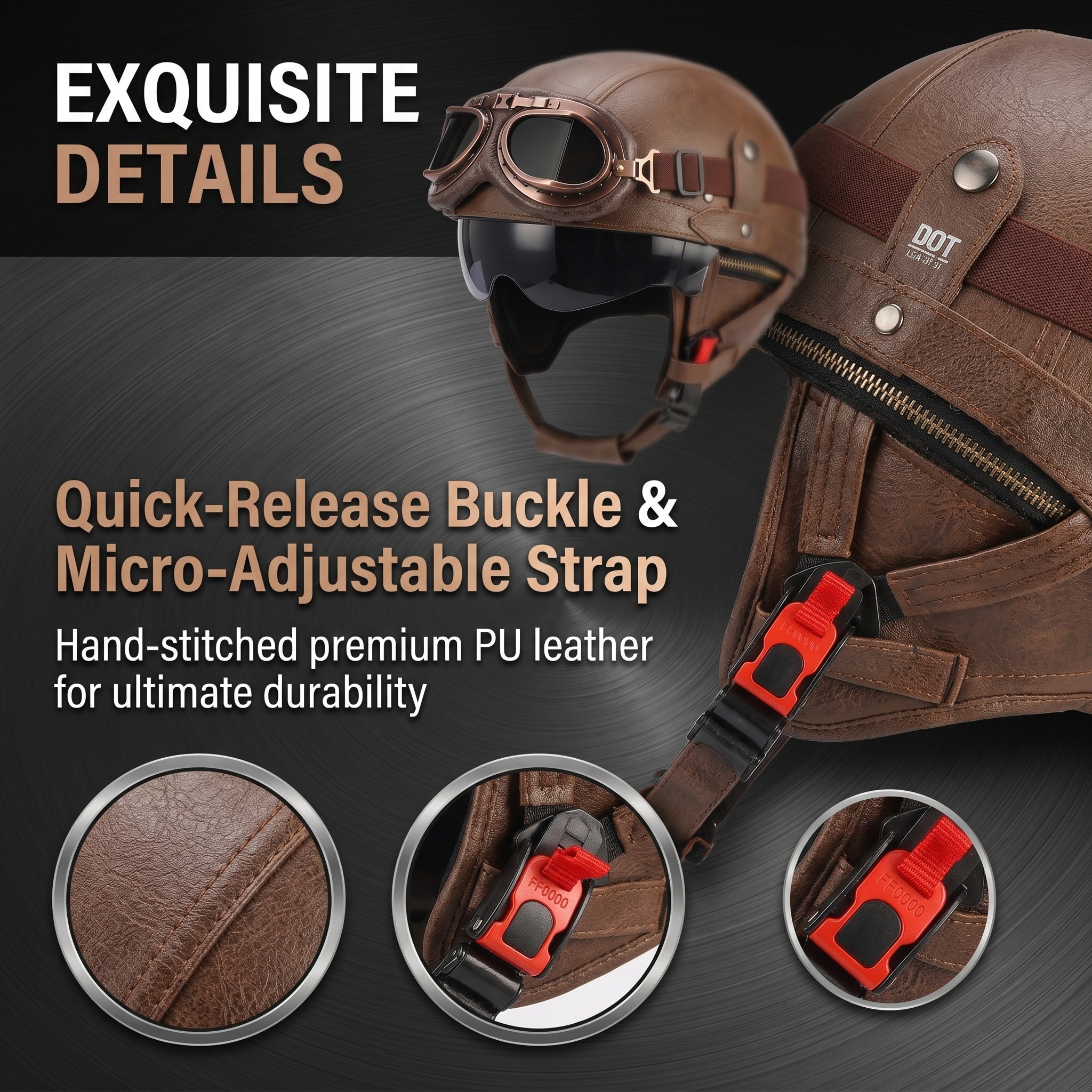 DOT Vintage Leather Motorcycle Helmet with Goggles- I06