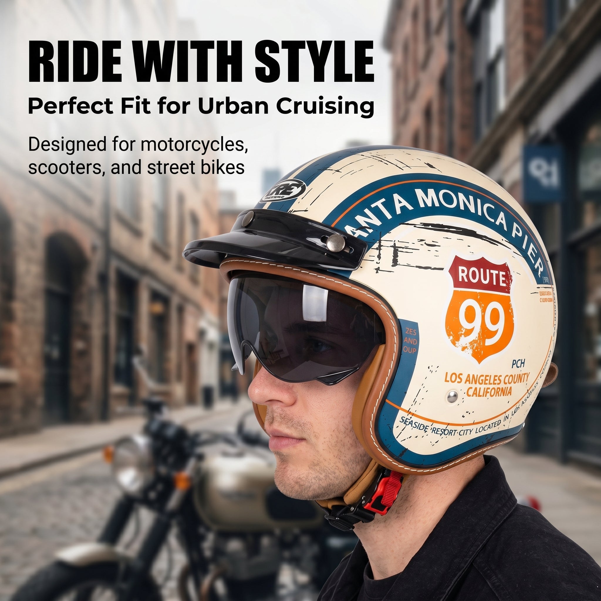 Retro Route 99 Open Face Motorcycle Helmet DOT Approved-I09