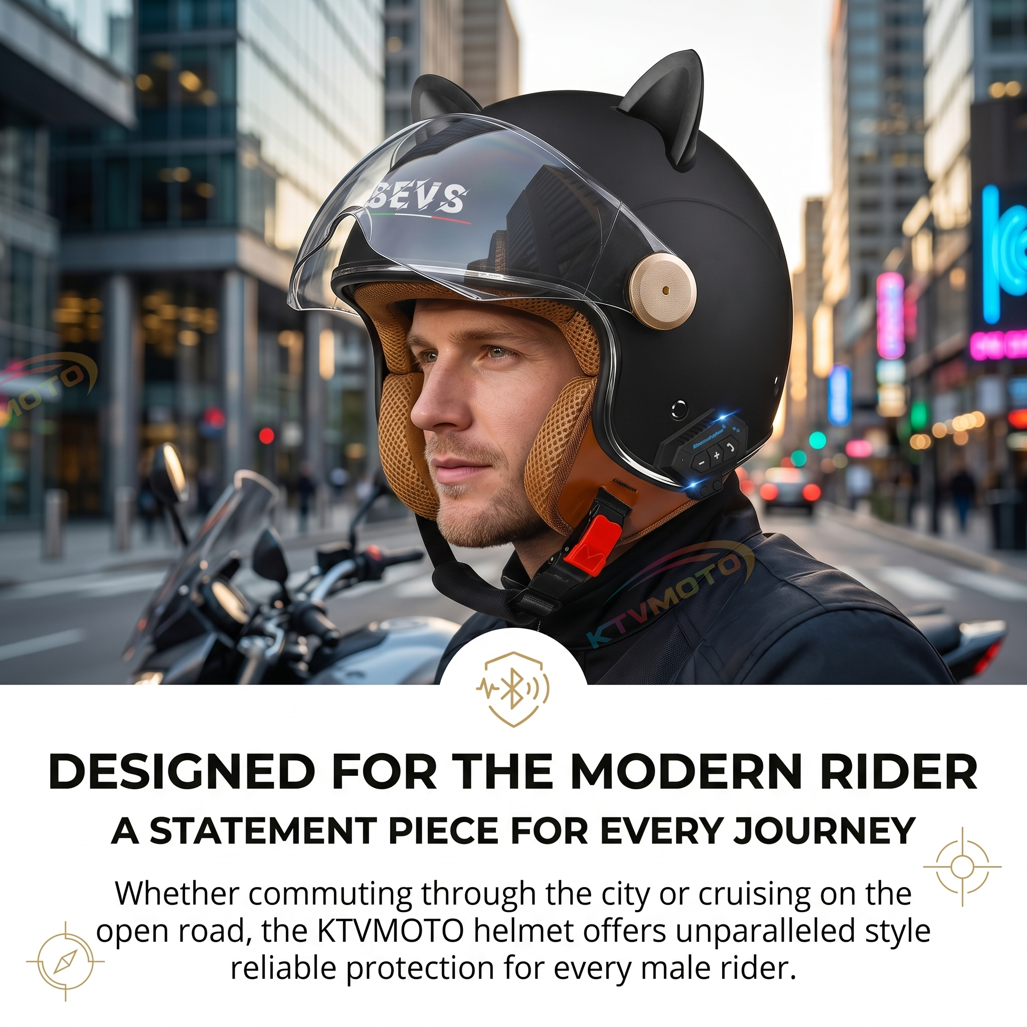 Cat-Ear Open-Face Motorcycle Helmet with Bluetooth Function-I67