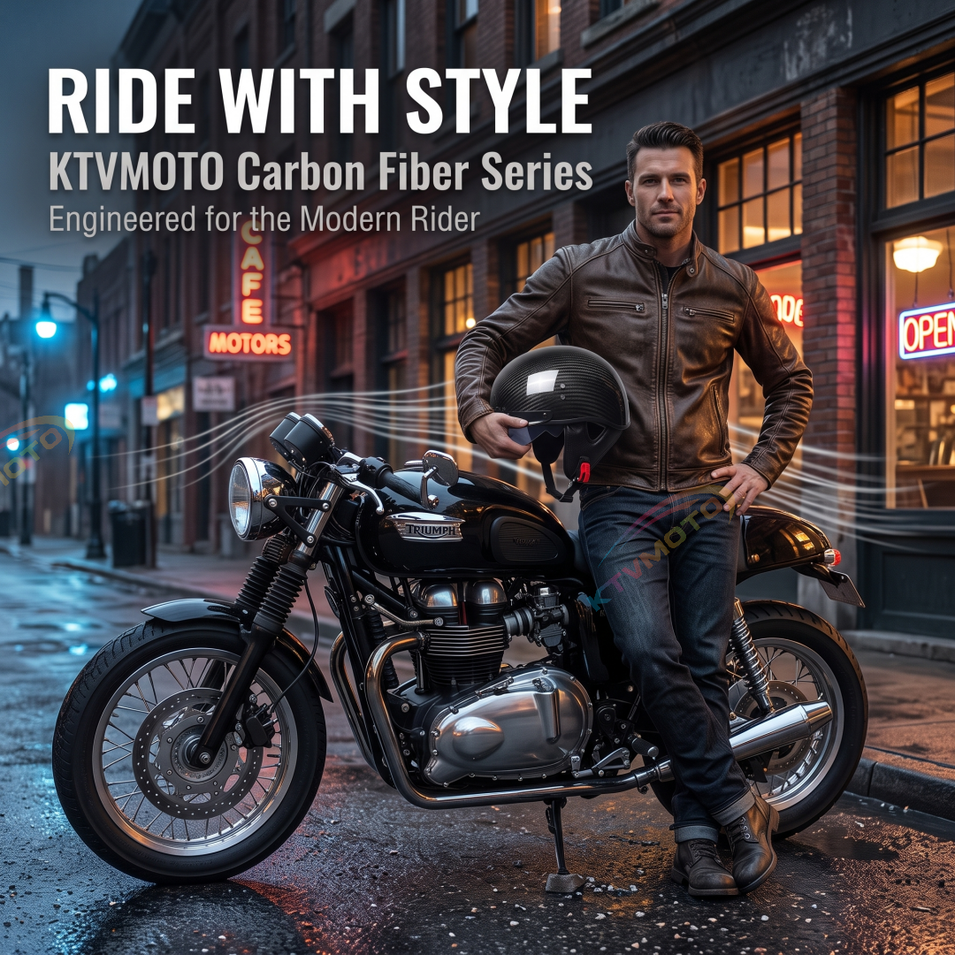 Half-helmet with retro carbon fiber texture and retractable sun visor-I136