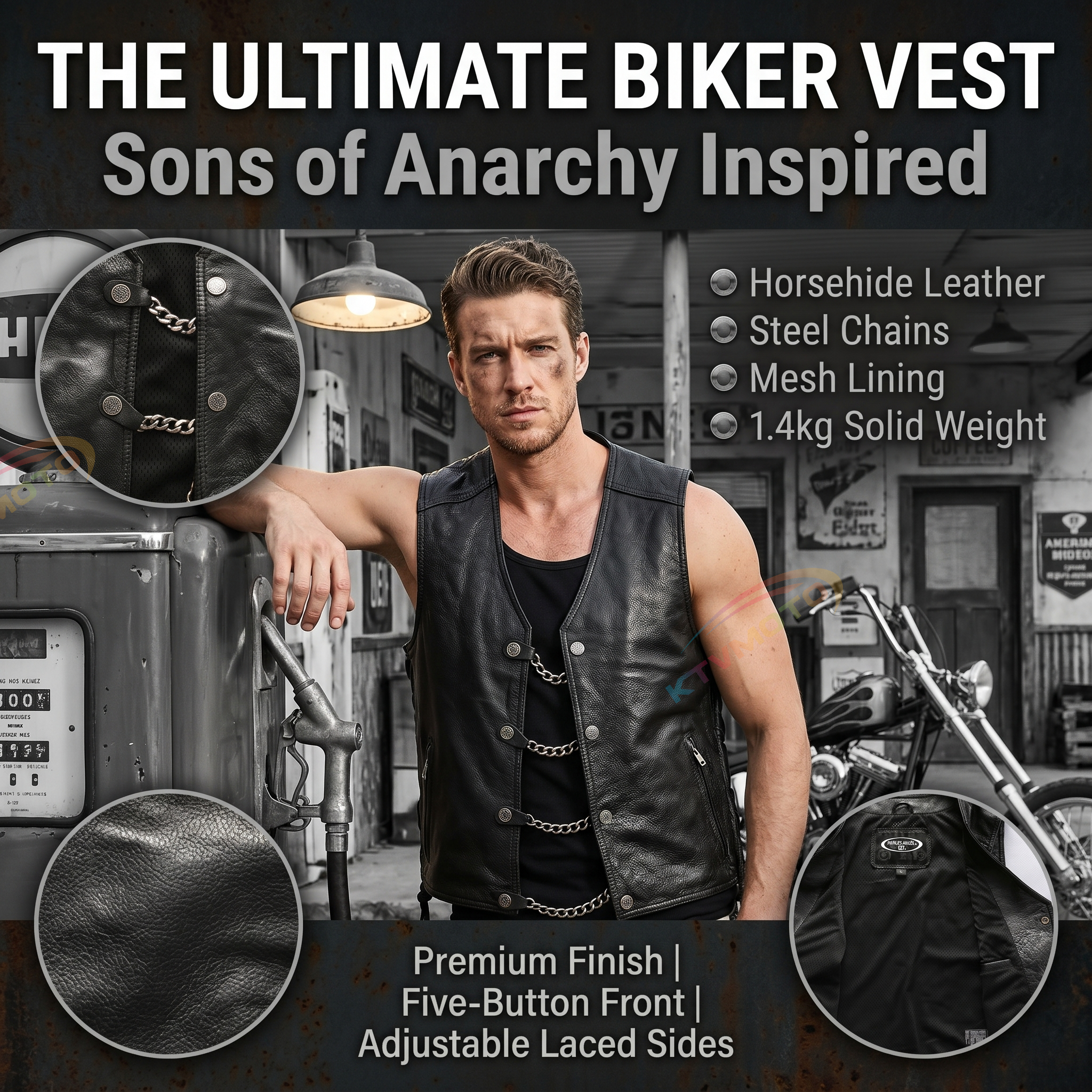 Harley vest steel chain genuine leather vest-A34
