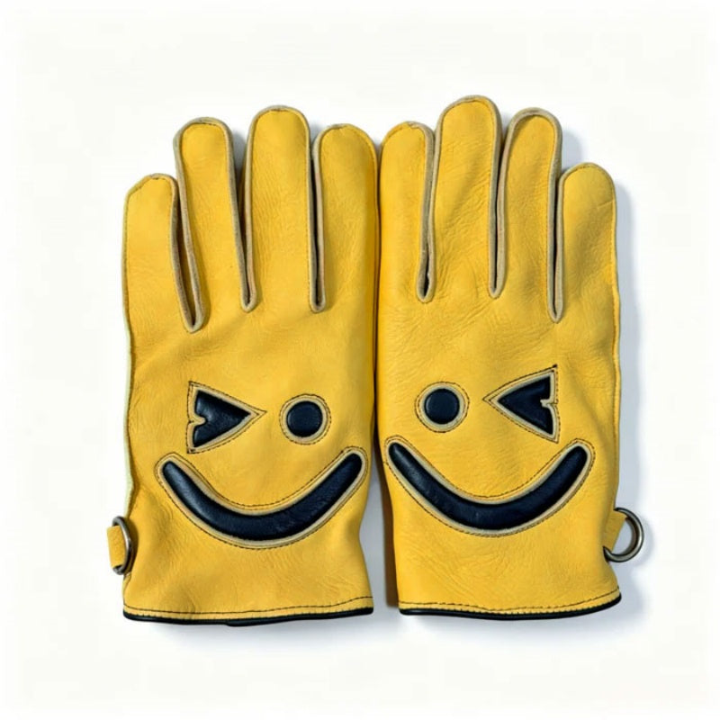 Smiley face deerskin touchscreen retro motorcycle gloves-G73