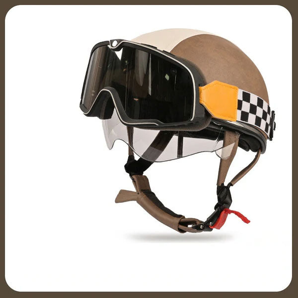 Retro two-tone cruiser motorcycle helmet with goggles-I23