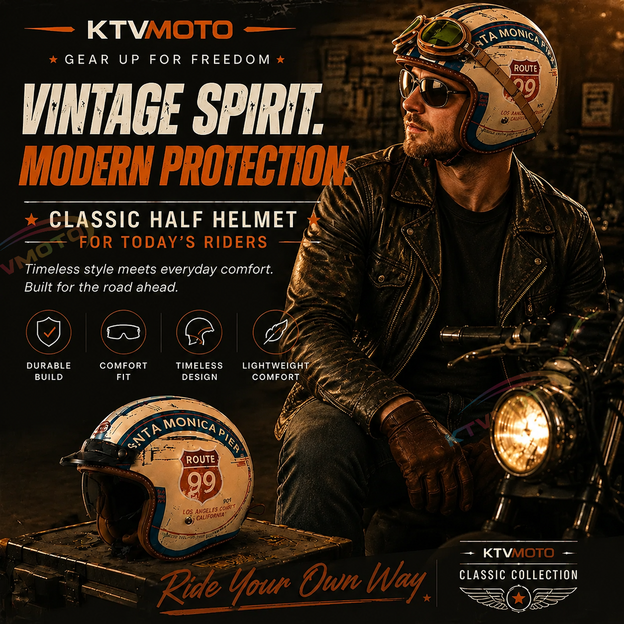Retro Route 99 Open Face Motorcycle Helmet DOT Approved-I09