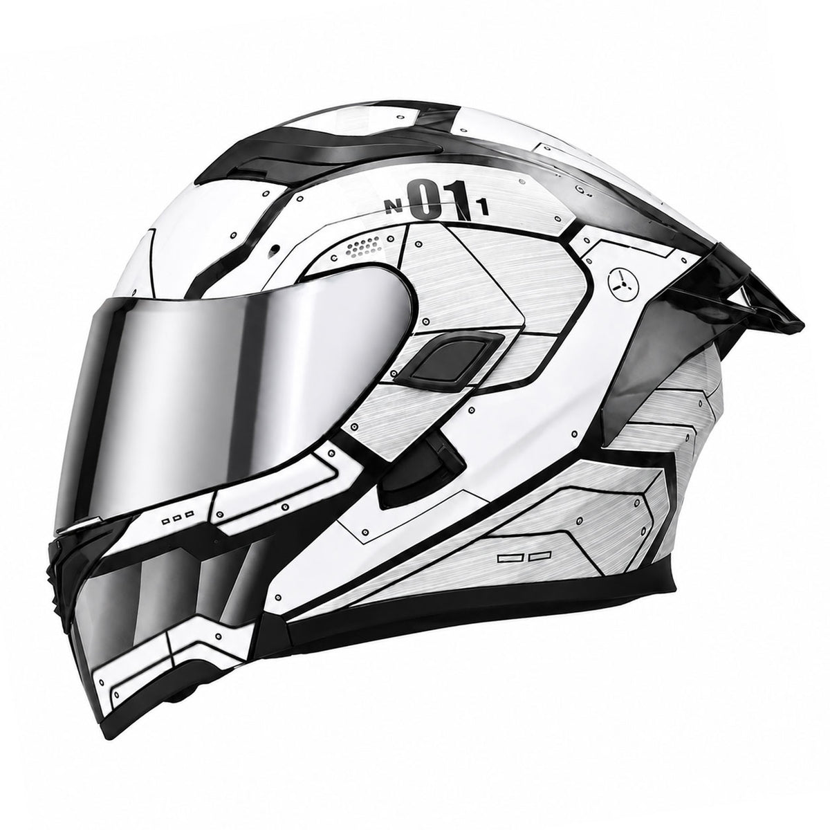 Motorcycle flip-up helmet with dual visors and silver rear spoiler-I150