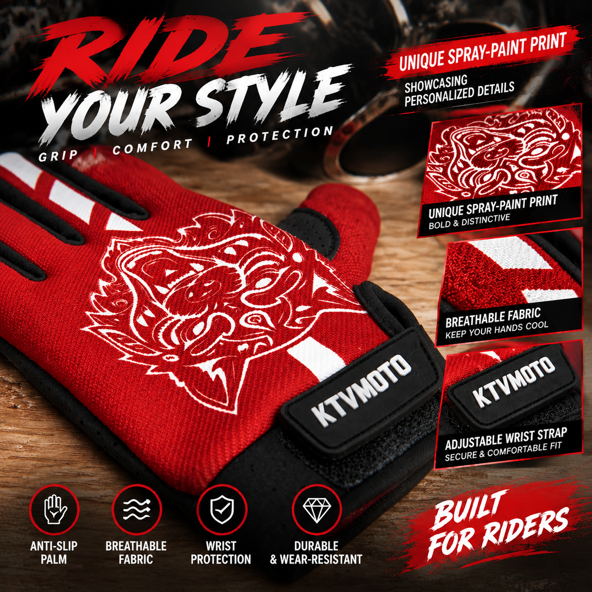 KTVMOTO Full Finger Bike Gloves Anti Slip UV Protection Touchscreen -G102